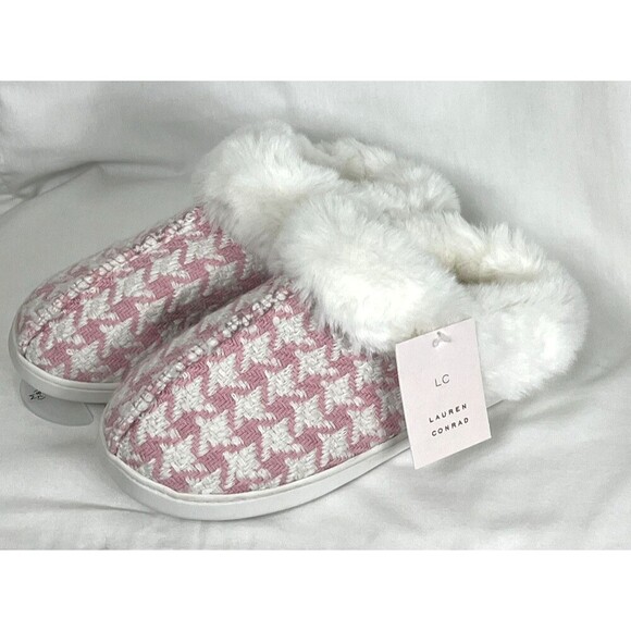 Lauren Conrad LC Women's Houndstooth Slippers Pink White Size Small 6/7 NEW - Picture 1 of 7